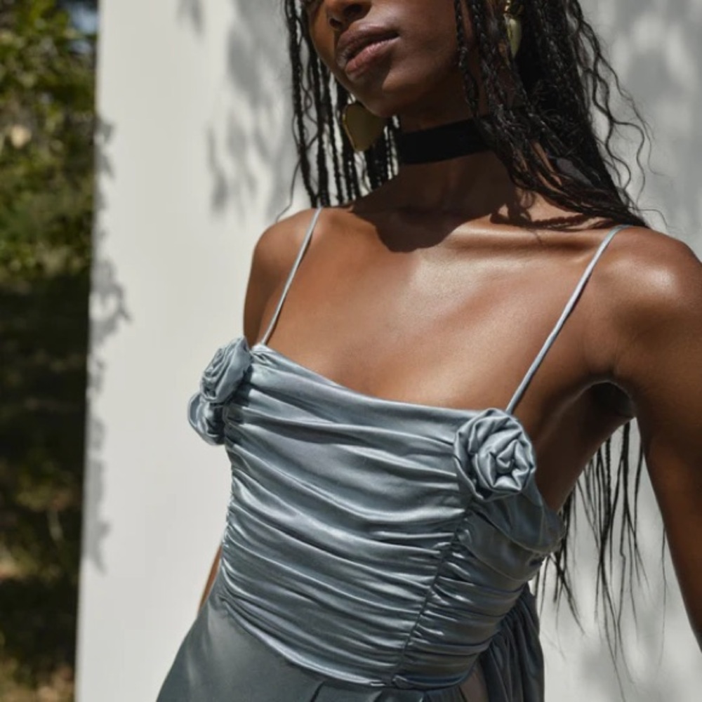 For Love & Lemons Satin Maxi Dress in Dusty Blue - Picture 3 of 12